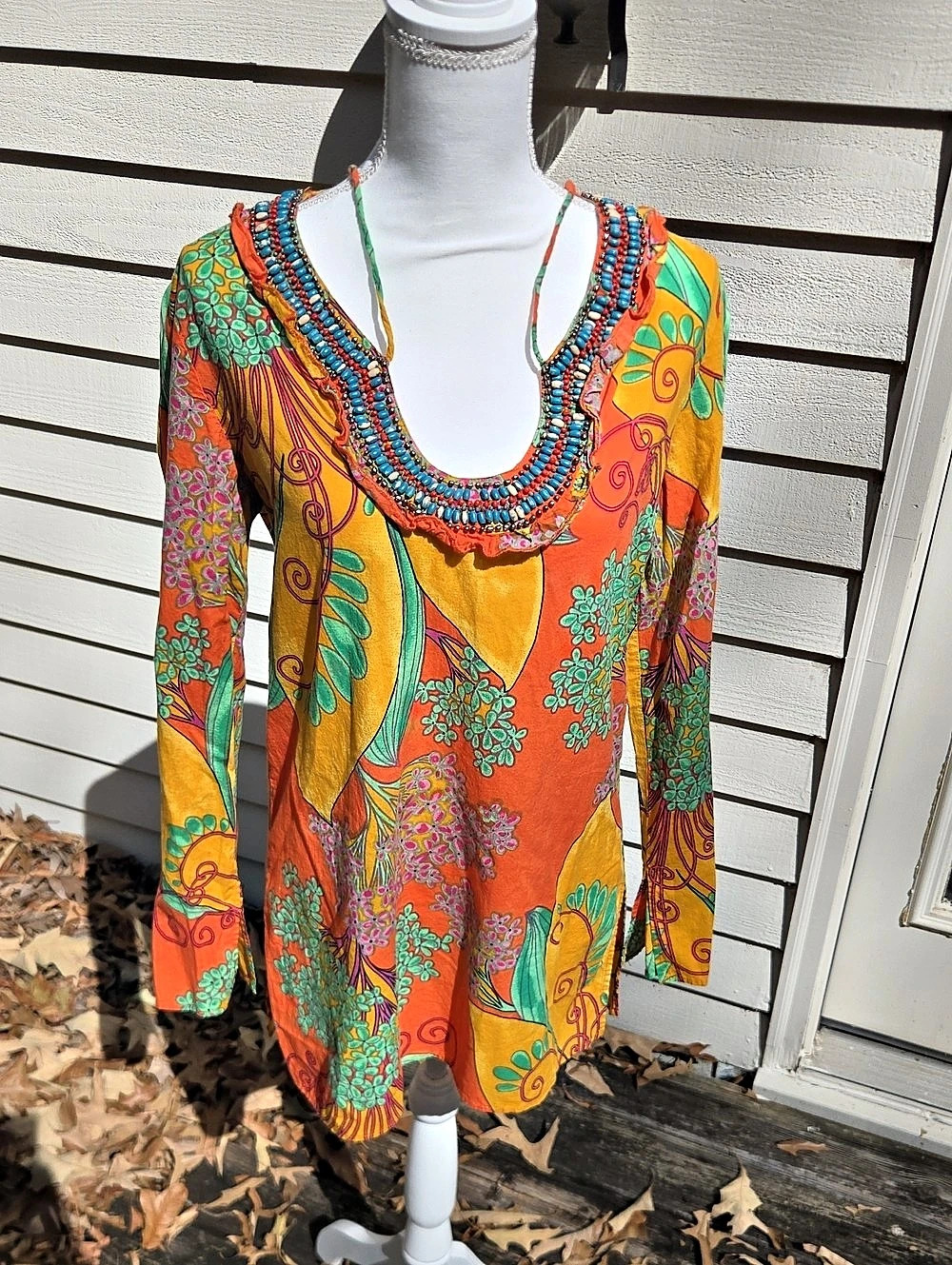 Carmen Floral Tunic in Orange & Green Size Small Like New